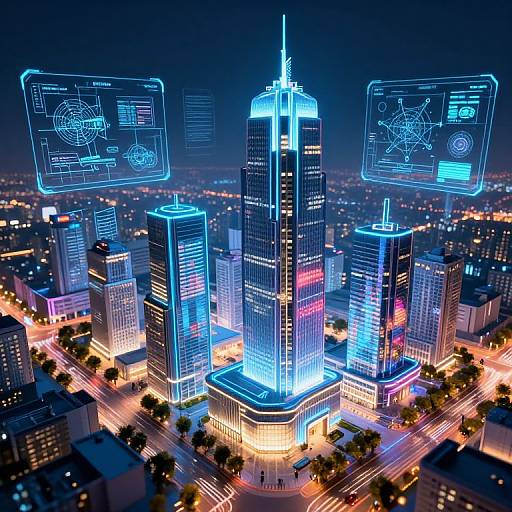 Neon-lit, futuristic cityscape photograph featuring glowing blue and pink skyscrapers with holographic blue circuit diagrams floating above, illuminated streets, and