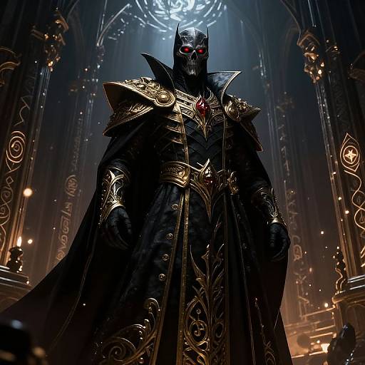 Digital artwork of a menacing, armored figure with glowing red eyes, wearing a black hooded cloak with gold ornate details, standing in a dimly