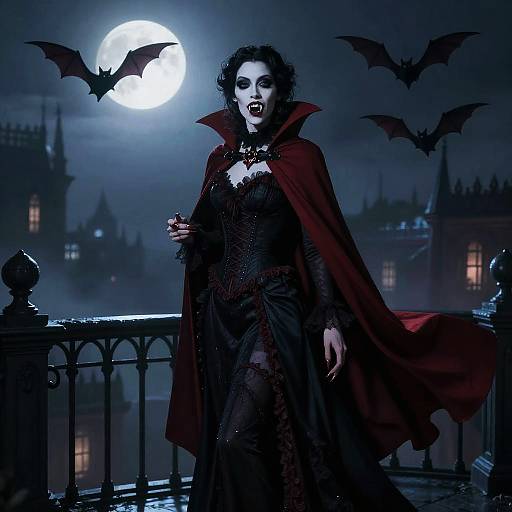 Photograph of a pale, dark-haired vampire woman in black lace dress and red cape, standing on a moonlit, gothic balcony with bats flying