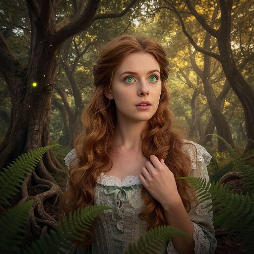 Photorealistic digital art of a fair-skinned, red-haired woman with striking green eyes, wearing a lace-trimmed dress, standing in a