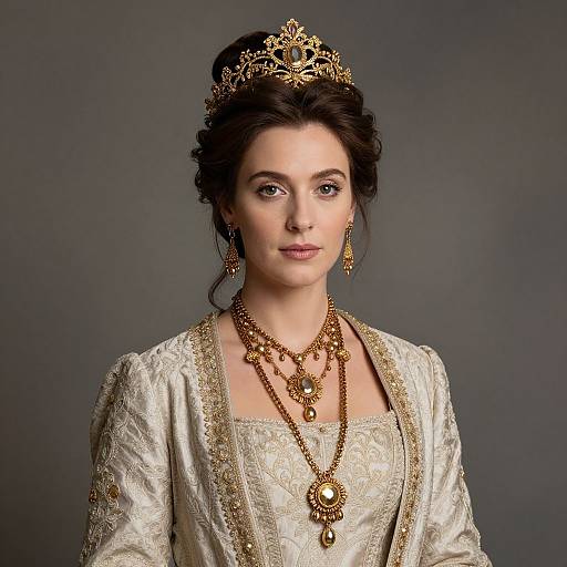 Photograph of a fair-skinned woman with dark hair in an elegant updo, wearing a gold crown, ornate gold jewelry, and a white