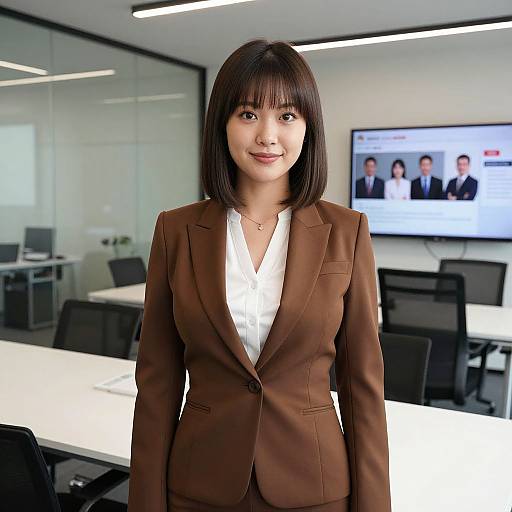 Photograph of an Asian woman with straight black hair, wearing a brown blazer and white shirt, standing in a modern office with a TV displaying images