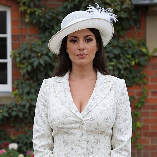 Photograph of a mature woman with long black hair, wearing a white lace blazer and hat with a white feather, standing in front of a brick