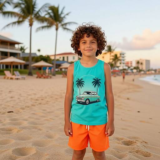 Photograph of a young boy with curly brown hair, wearing a turquoise tank top with a car graphic and orange shorts, standing on a sunny beach with