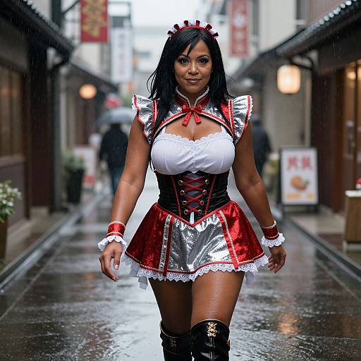 Photograph of a confident Black woman with dark hair, wearing a red and white French maid outfit, black corset, and thigh-high boots, walking