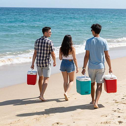 Photograph of three people, two men and one woman, walking on a sunny beach, carrying red and blue coolers, facing the ocean.