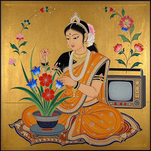 Colorful digital illustration of an Indian woman in traditional orange saree, adorned with jewelry, arranging vibrant flowers in a pot, next to a vintage TV