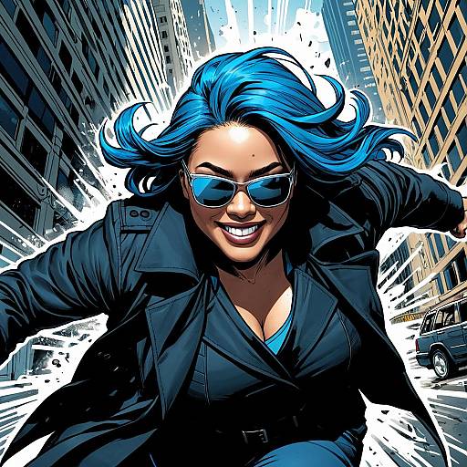 Blue-Haired Superhero Flying with Sly Grin