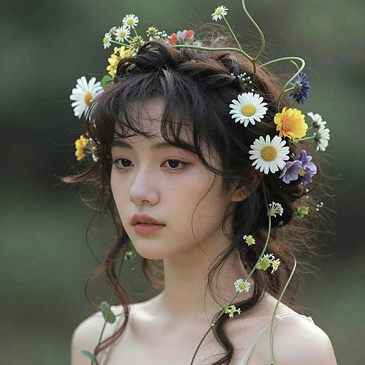 Photograph of a young Asian woman with fair skin, dark curly hair, wearing a floral crown of white daisies, yellow flowers, and purple