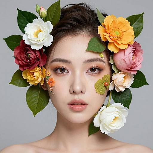 Photograph of an Asian woman with fair skin, dark hair, and flower crown featuring white, yellow, pink, and red flowers with green leaves,