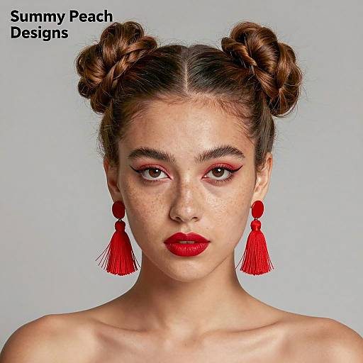 Portrait of young woman with double braided buns and red tassel earrings