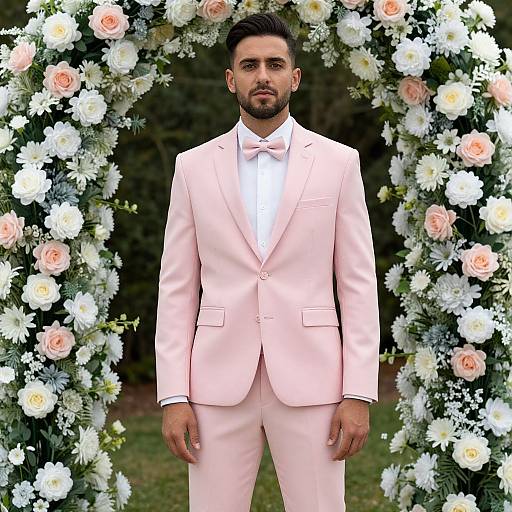 Photograph of a bearded man in a light pink suit with a bow tie, standing in front of a floral archway of white and pink roses