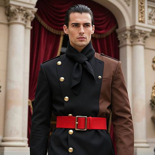 Photorealistic digital image of a handsome, serious-looking man with slick black hair, wearing a black and brown military uniform with gold buttons and a red