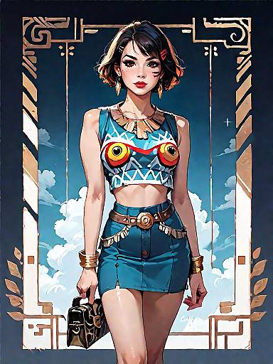 Bohemian Woman in Tribal Print Crop Top and Mini Skirt