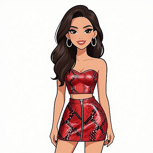 Smiling Woman in Red Snakeskin Outfit