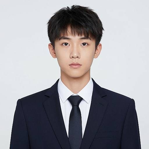 Photograph of an Asian male with short black hair, wearing a black suit, white shirt, and black tie, against a plain white background.