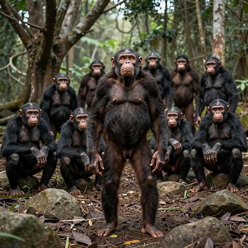 Apelike Humans Gathering in Forest Clearing