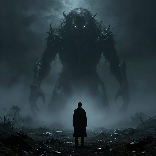 Digital art: Silhouetted figure in dark coat faces towering, monstrous creature with glowing eyes in eerie, misty, blue-lit landscape.