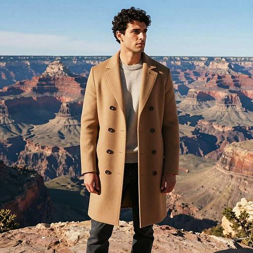 Photograph of a curly-haired man in a tan double-breasted coat, white sweater, standing on a Grand Canyon ledge, with colorful rock formations in