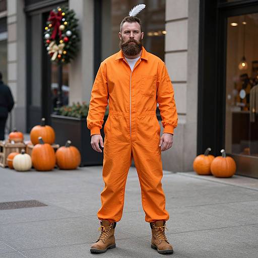 Man in Orange Jumpsuit with Feather and Pumpkins