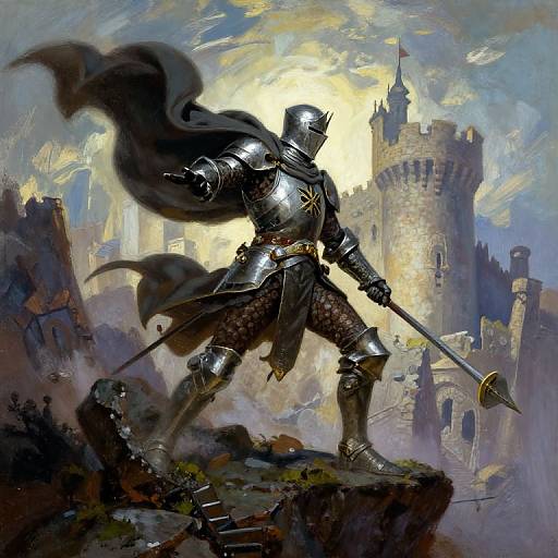 Digital painting of a knight in shiny armor and dark cloak, wielding a sword, standing on a rocky outcrop with a medieval castle and bright, cloudy