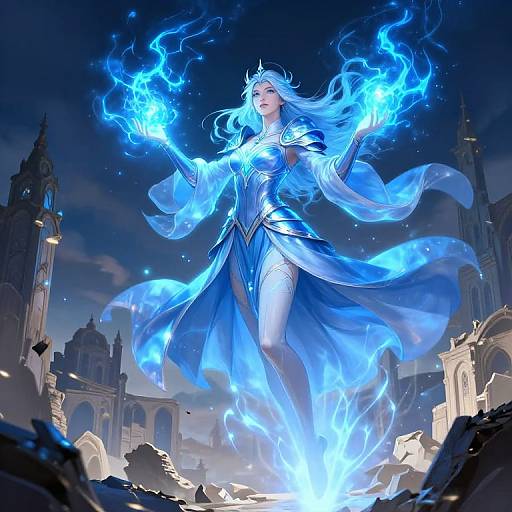 Digital artwork of a powerful, ethereal blue-haired woman in a flowing, silver and blue armor dress, casting glowing blue fire from her hands, standing