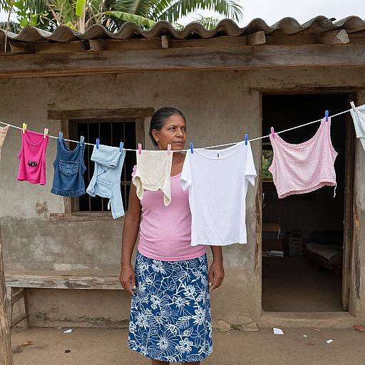 Photograph of an Indian woman with medium brown skin, black hair in a bun, wearing a pink top and blue floral skirt, standing in front of