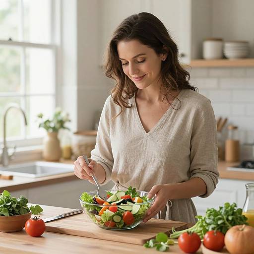 Serene Woman Preparing Vibrant Salad