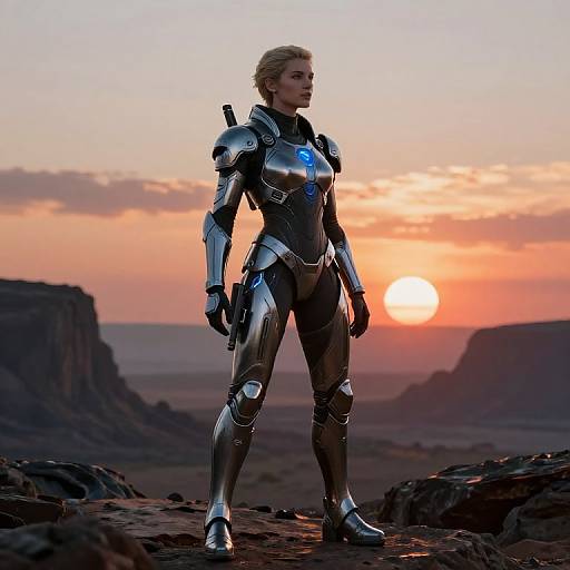 Photorealistic CGI of a blonde woman in a silver, futuristic armor suit standing confidently at sunset on a rocky desert landscape.