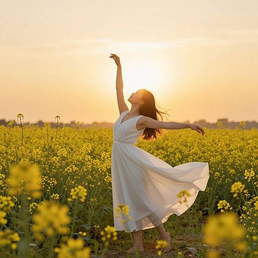Photograph of a woman in a flowing white dress, arms raised, standing in a vibrant yellow wildflower field at sunset.