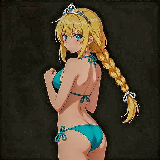 Blonde Anime Girl in Turquoise Bikini with Tiara