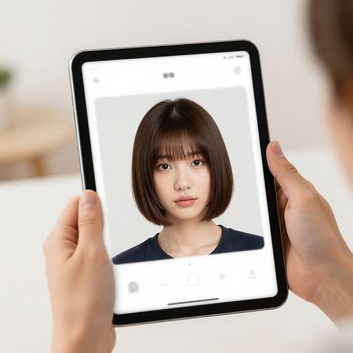 Photograph of an Asian woman with a short black bob haircut, shown on a tablet screen held by two hands.