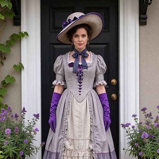 Victorian-era woman in a grey lace dress, purple gloves, and hat, standing before a black door with purple flowers. Photographic realism.