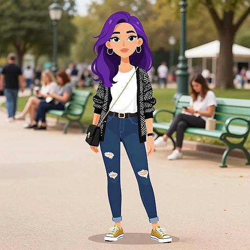 Digital illustration of a stylish woman with purple hair, white tee, black jacket, ripped jeans, yellow sneakers, standing in a park. Background includes blurred