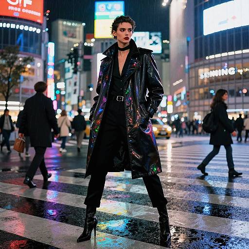 Androgynous Fashion Model at Neon-Lit Shibuya Crossing