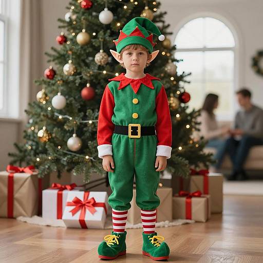 Boy in Elf Costume by Christmas Tree
