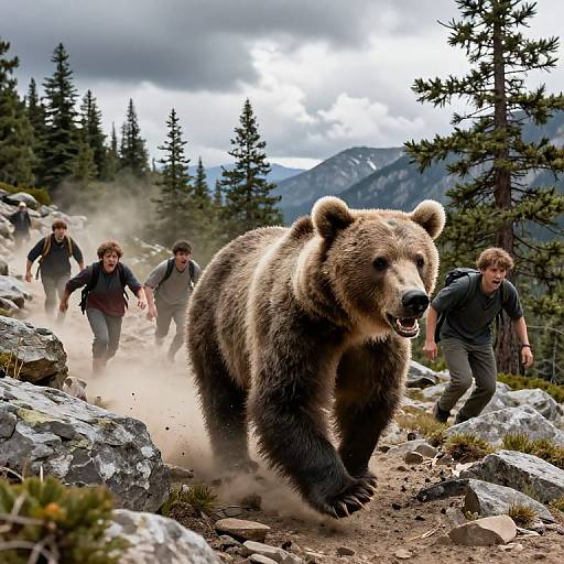Photograph: A large brown bear chases four panicked hikers through a rocky, forested mountain trail with dust clouding the ground.