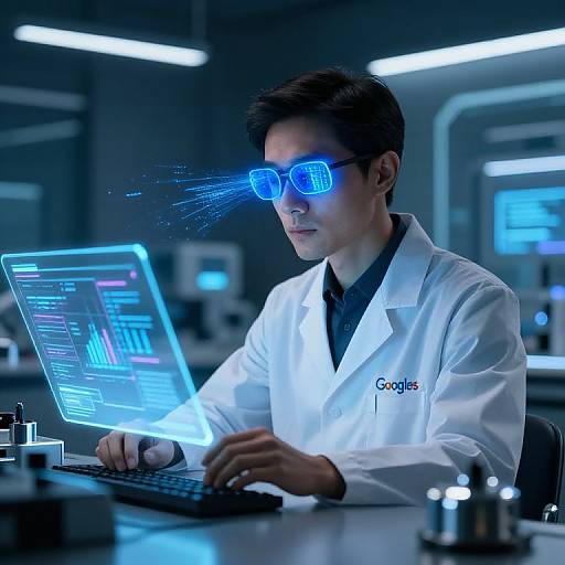 Photograph of a male scientist in a white lab coat, wearing blue virtual reality glasses, coding on a glowing laptop in a futuristic, blue-lit