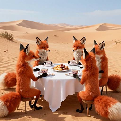 Digital artwork of four anthropomorphic foxes with orange fur and white bellies, sitting around a white-clothed table in a desert, eating past