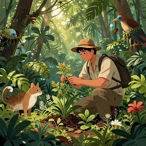 Illustration of a young man in a safari hat, crouching in a sunlit, lush jungle, examining flowers with a cat and colorful birds