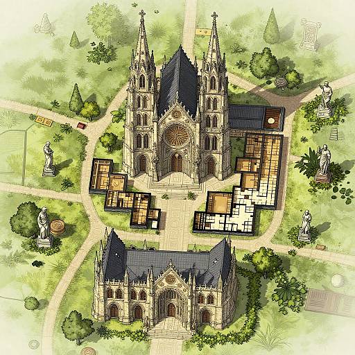 Aerial digital illustration of a Gothic-style cathedral with twin spires, surrounded by lush greenery, pathways, statues, and buildings.