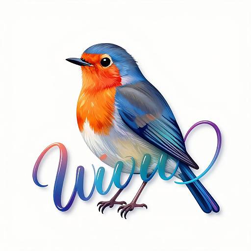 Digital drawing of a vibrant bluebird with a bright orange chest, white belly, and multicolored wings, perched with 