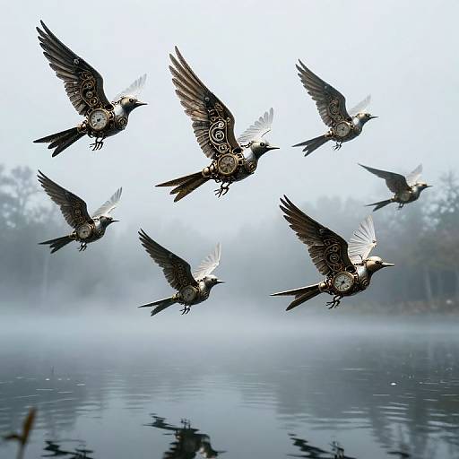 Photograph of seven black crows with intricate patterns, flying in a V-formation over a misty, reflective lake.