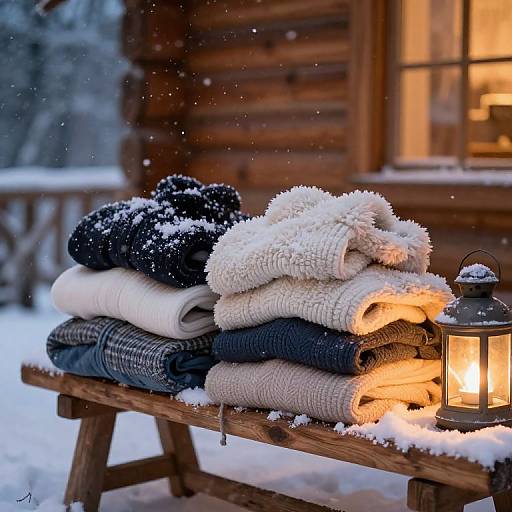 Cozy Winter Clothes on Rustic Bench