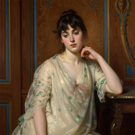 Painting of a fair-skinned woman with dark hair, wearing a delicate, light green and gold embroidered blouse, resting her chin on her hand in