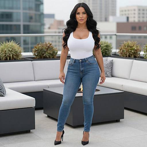 Photograph of a curvy woman with long black hair, wearing a white tank top, blue jeans, and black heels, standing on a modern rooftop