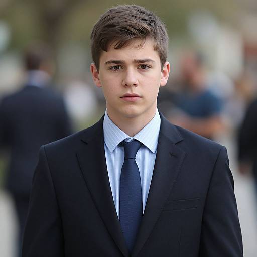 Photograph of a young white boy with short brown hair, wearing a black suit, white shirt, and navy tie, standing in a blurred outdoor urban