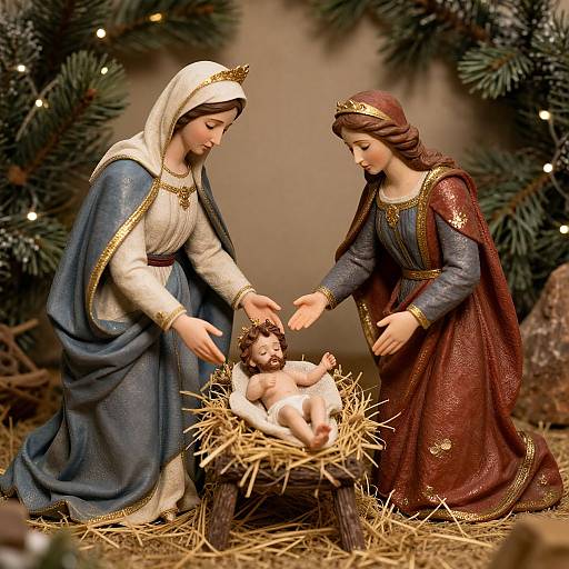 Photograph of a detailed nativity scene with two Marys in blue and red robes, touching the baby Jesus in a straw manger, surrounded by