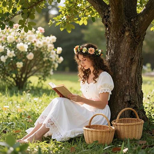 Whimsical Woman Reading by Tree