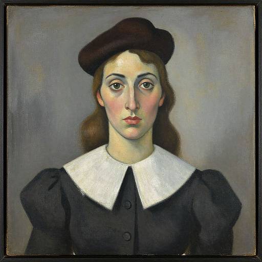 Portrait of a pale-skinned woman with brown eyes, red lips, and brown hair, wearing a black dress with a white collar and brown beret